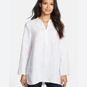 Eileen Fisher Band Collar Whire Linen Tunic Shirt Minimalist Coastal Boho M